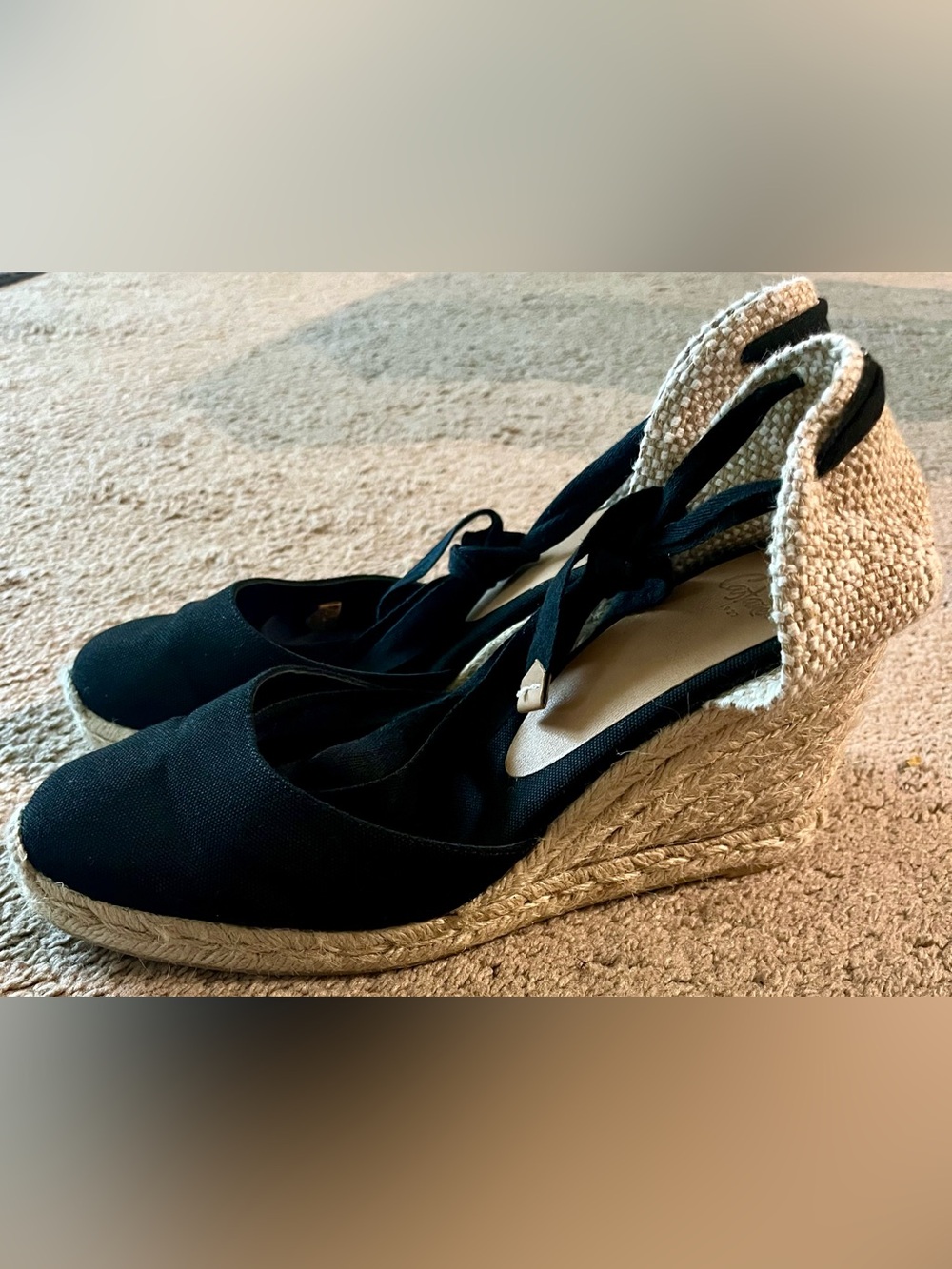 Black Canvas Espadrille Wedge Sandals with Ankle Tie